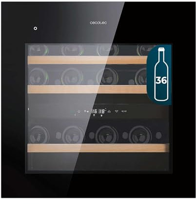 Cecotec Vinoteca Integrable con Compresor 36 Botellas GrandSommelier Duo 36000 Touch Black Compressor. Cristal Negro, Apertura Sensor Táctil, Doble Zona temperatura, Display LED, Estantes Madera