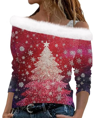 Topassion Weihnachtspullover Damen Mit Schulterriemen Xmas Plüsch Schulterfrei Langarm Pullover Off Shoulder Elegant Langarmshirt Herbstpullover Sweatshirt Christmas Winterpullover Sweatshirt(Red,S)