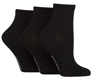 SockShop Women's Bamboo Ankle Socks - Plain, Patterned, Striped, Floral, Colourful, Bright, Smooth Toe Seams 3 Pairs Size 4-8 (UK, Numeric, 4, 8, Regular, Regular, Plain Black)