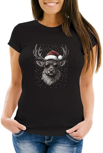 MoonWorks® Weihnachtsshirt Damen Rentier Elch T-Shirt Weihnachten Lustig Weihnachtsoutfit Frauen