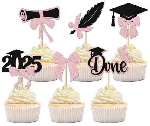 Gleevio Abschluss Tortendeko Graduation Cupcake Topper,24 Stück Glitzer Grade Cap Kuchendeko,ABI 2025 Tortendeko Abschlussfeier,Graduation Muffin Deko für Abitur 2025,Prüfung Bestanden,Schwarz Rosa