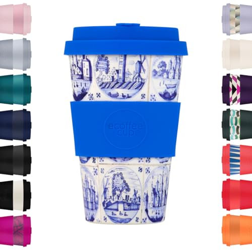 Ecoffee Cup 14oz 400ml Reusable Eco-Friendly 100% Plant Based Coffee Cup with Silicone Lid & Sleeve - Melamine Free & Biodegradable Dishwasher/Microwave Safe Travel Mug (Delfts Blu)