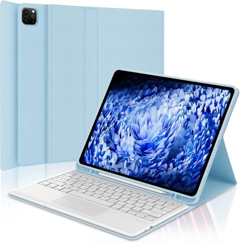 Occtingkind Funda con Teclado para iPad Pro 12.9, Teclado Español Ñ Desmontable Bluetooth y Funda de Diseño Minimalista 360° para iPad Pro 12.9 6ª 2022 /5ª 2021/4ª 2020/3ª Gen 2018, Azul Claro