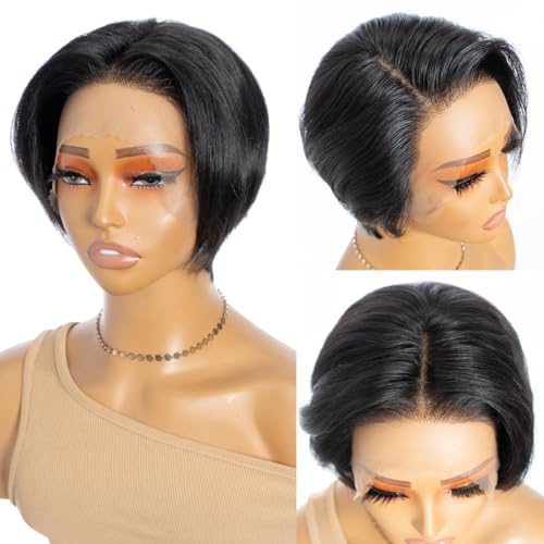 Echthaar Perücke Damen 13x4 Lace Front Pixie Wig Short Lace Front Pixie Cut Wig 150% Density (1B, Short)