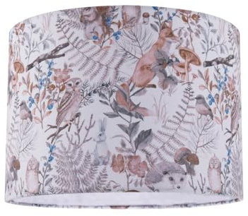 Creative Autumnal Linen Fabric Lamp Shade with Woodland Creatures | Foxes Owls Birds Badgers and Rabbits | 25cm x 18cm by Happy Homewares