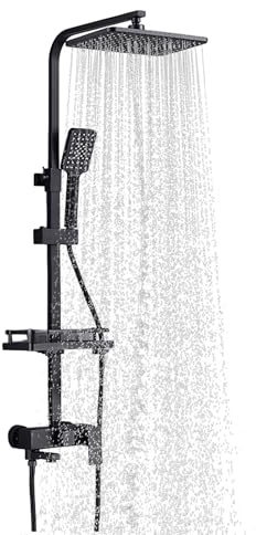 Columna de Ducha Termostatica 38 °C, Altura Ajustable de 85-125cm, Columna de Ducha con Panel de Acero Inoxidable y Grifo, 4 Boquillas (Negro-3 velocidades)