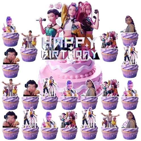 25-teiliges K-Pop Demons Hunters Geburtstagskuchen-Dekoset - Kuchen-Deko für Jungen und Mädchen - Kindergeburtstag Torten-Dekoration - Motiv-Tortenfiguren Set für Kinderparty (c)