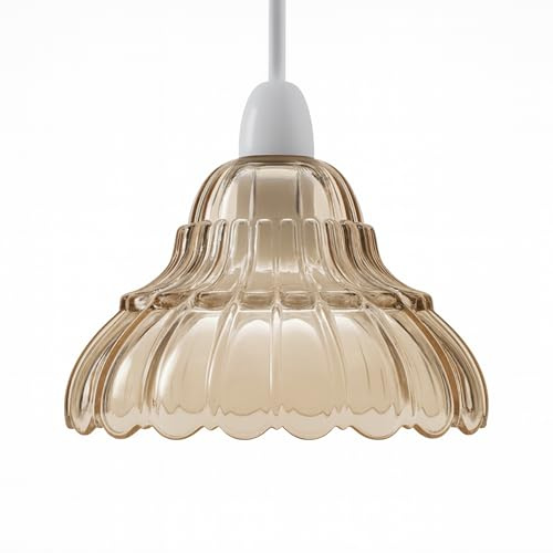Amber Glass Lamp Shade 17cm Vintage Ribbed Ceiling Light Shade E14 Easy Fit Pendant Lampshade Retro Scalloped Replacement for Bedroom Living Room Kitchen (Style 1)