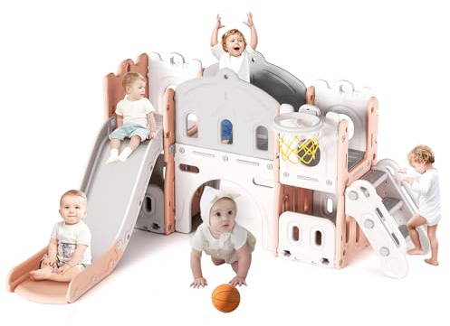 FUKEA 6-in-1 Kids Slide, Outdoor & Indoor Toddler Castle Slide Climbing Frame with Storage Box, Garden Slide Playground for Toddlers age 1-3(Grey-Pink)