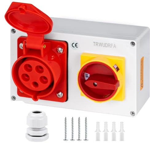 TRWUDRFA Prise Murale CEE industrielle 5P 400V 32A - Distributeur de Courant avec interrupteur principal à came verrouillable 0-1 (32A) - Boîtier de Distribution pour chantier, garage et industrie