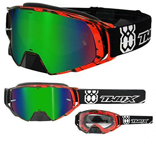 TWO-X Cross-Brille - Motocrossbrille mit verspiegeltem grünen Glas - Motorradbrille - Enduro & Downhill - Schutz-Brille - Rocket - Crush Schwarz-Rot