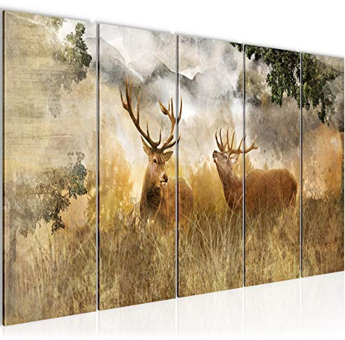 Runa Art Wandbild XXL Hirsch Natur Wohnzimmer Schlafzimmer 200 x 80 cm Beige Braun 5 Teilig - Made in Germany - 011455a