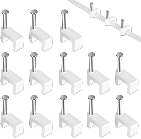 CableGeeker Cable Clips 100 Pieces Ethernet Cable Clips with Nails 8mm Cord Holder for Cat6 Cat7 Flat Ethernet Cable (White)