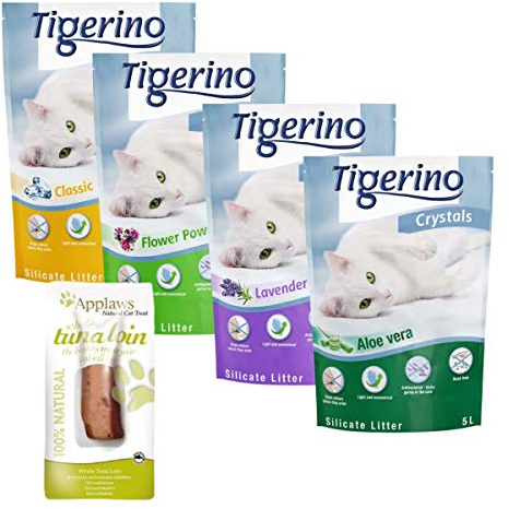 Tigerino Crystals Katzenstreu gemischt Probepackung 6 x 5 Liter stoppt Gerüche in Sekundenschnelle antibakteriell kompostierbar und umweltfreundlich + Applaws Katzen-Thunfischleine