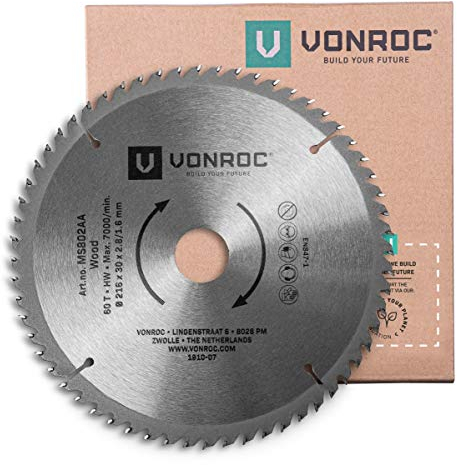 VONROC Lame de Scie Universelle pour Bois MS804AA - Lame Scie Circulaire à Onglet Radiale 216 mm de Diamètre Avec 60 Dents - Compatible avec Scie Circulaire sur Table