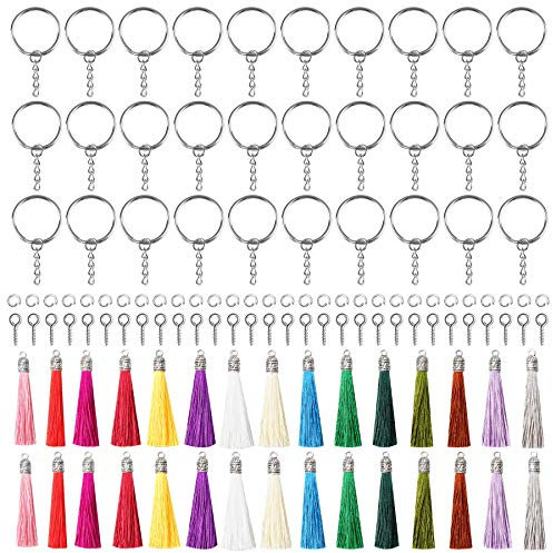 YSDMY 120 Pcs Tassels Key Rings Key Chains Sets for Jewellery Making, 30 Tassels Pendents 30 Key Chain Rings 30 Eye Screws 30 Jump Rings,Tassle Keyring for Craft Handmade Bracelets Pendants