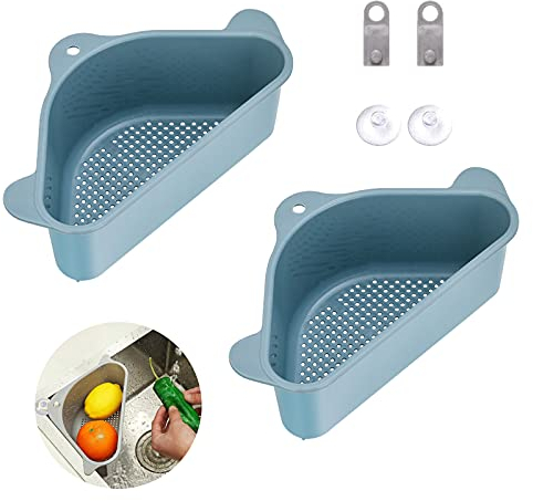Koomuao Spülbecken Organizer 2 Stück Dreieckiger Filterkorb für Spülbecken- Seiher Sieb Set,Waschbecken Filterablage Abflusskorb Lagerregal für Gemüse/Obst Küche Sieb Teesieb (Blau)