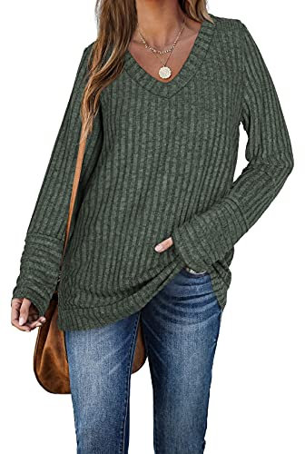 Aokosor Womens Jumpers Ladies V Neck Tops Long Sleeve Solid Color Sweatshirt Green Size St Patricks Day Outfits 14-16