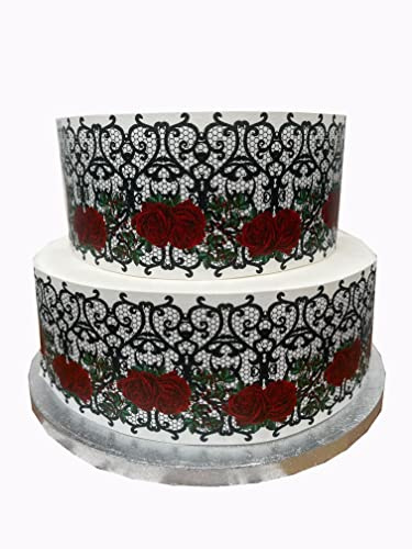 Edible Decor Sheet Gothic Black Lace and Red Rose Border Ribbon - Perfect for Decorating Your Cakes- Easy to Use
