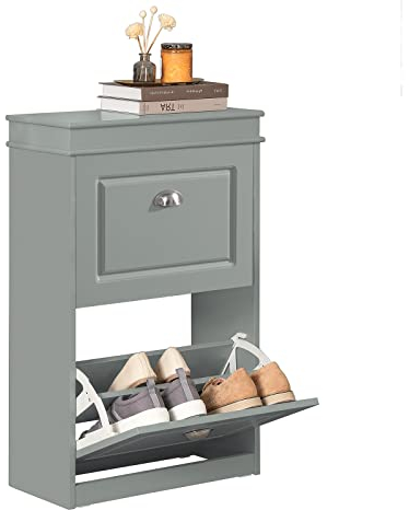 SoBuy Schuhschrank mit 2 Klappen - Schmaler Schuhkipper mit 4 Ablagen, Verstellbares Schuhregal für Diele, Flur & Eingangsbereich - Flurschrank mit Kippsicherung 54x82x24cm Hellgrau FSR78-HG