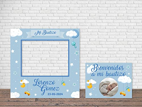 Oedim Photocall Infantil Mi Bautizo Azul Personalizado + Cartel, Eventos o Celebraciones puntuales, 100x100cm, Ventanas Troqueladas, Divertido