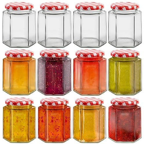 HEFTMAN Lot de 12 Pot Confiture en Verre avec Couvercles Hermétiques - 250 ml - Forme Hexagonale avec Couvercles Vichy Rouge - Pot de Confiture Vide, Bocaux en Verre pour la Fabrication de Bougies