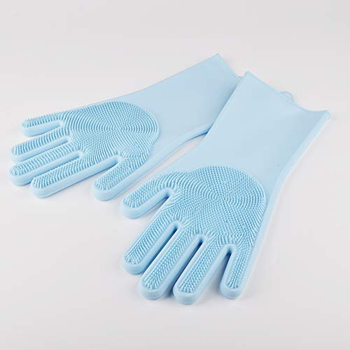 Magic Silicone Rubber Dish Washing Gloves Kitchen Pet Bath Cleaning Scrubber (Blue), M