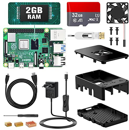 Beumons Raspberry Pi 4 Modèle B, 2G RAM+32G Carte Mémoire, Starter Kit Complet: Carte Mère, Alimentation avec Interrupteur, Câble HDMI Boîtier Noir, Dissipateur, Ventilateur, Raspberry Pi 4