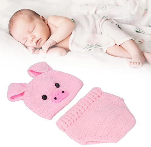 Costume Tricoté au Crochet Dessin Animé Animal Cochon Chapeau Pantalon Bébé Photo Prop Tenues(Rose) Accessoires de Photographie de Bébé Nouveau-né Baby Souvenirs