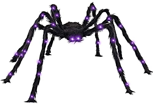 Halloween Spinne mit LED, Halloween Deko Garten Gruselig Outdoor, Spinne Groß 125cm, Karneval Plüsch Riesenspinne Violett Licht