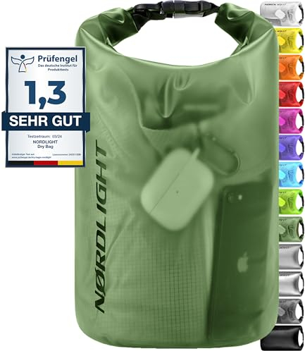 Nordlight Dry Bag 10L Wasserdichter Beutel - (Dunkelgrün) Wasserdichter Packsack Mit Roll Top Verschluss Und Schultergurt | Schwimmen, Baden, Strand, Kanu, Stand Up Paddling, Tauchen