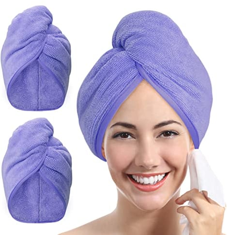 YoulerTex Ultra-Plüsch-Mikrofaser-Haarhandtuch für Damen, 2 Stück, 25,4 x 66 cm, ultra-saugfähig, Twist-Haarturban, Trocknungskappe, Haarwickel, zum Trocknen von lockigem, langem und dickem Haar, Lila