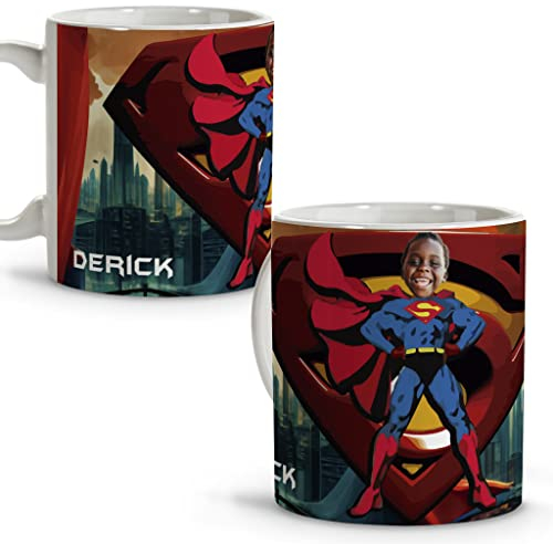 LolaPix Taza Superhéroe. Personalizada con Foto y Nombre. Taza Cerámica. 330 ml. Varios diseños y colores de Interior. Regalos Originales. SUPER MAN