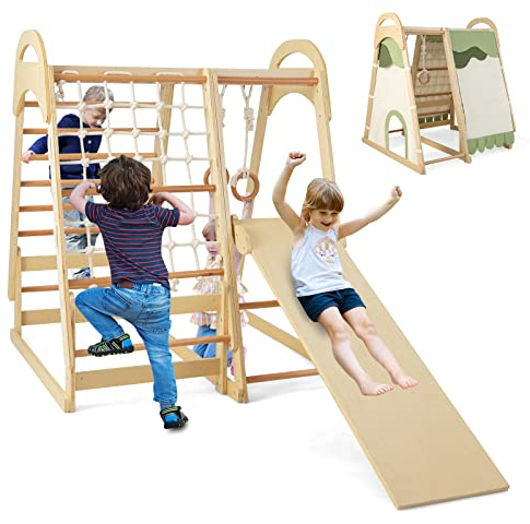 COSTWAY Klettergerüst Indoor, 6 in 1 Turnringen & Kletterfelsen & Kletternetz & Leiter & Pull Up Bar & Spielzelt, Kletterspielzeug Indoor für Kinder ab 1 Jahre (Natur)