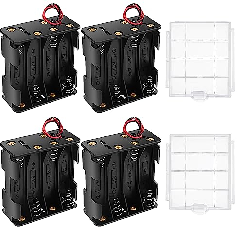 4 Piezas 8x1.5V AA Caja de Soporte de Batería, KUOQIY 12V AA Caja de Almacenamiento de Batería con Cables, AA Caja de Batería de Doble Cara, con 2 Piezas Caja de Batería de Plástico