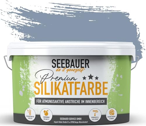 SEEBAUER diy Silikatfarbe Blau 5L für Innen (No. 843 Pale Heaven) Atmungsaktive Mineralfarbe für Allergiker - Abwaschbare Wandfarbe - Blautöne hohe Deckkraft