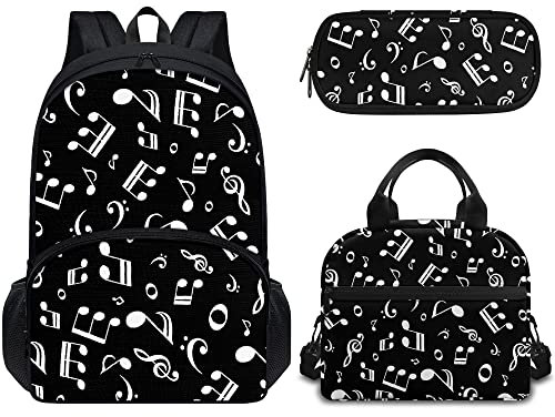 Wanyint Lot de 3 sacs à dos décontractés avec boîte à déjeuner isotherme et trousse à crayons Motif cactus tropical, Note de musique., Medium