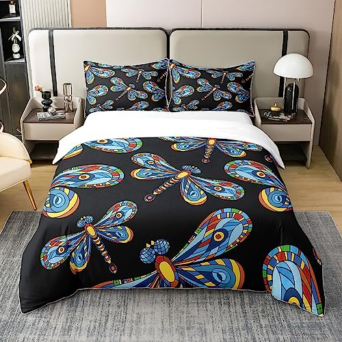 100% Bio Baumwolle Dragonfly Tröster Bezug Bunte Dragonfly Bettwäsche Set Irisierende Regendow Quilt Cover Schwarz Atmungsaktiver Bettbezug für Kinder Mädchen Frauen 200x200 mit Reißverschluss