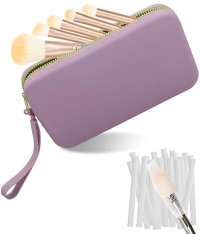 Silicone Makeup Brush Holder Travel Makeup Brush Bag, Elegant Cosmetic Brushes Pouch Bag with Zipper, Sleek Travel Makeup Tools Organizer Bag (Purple-Large)