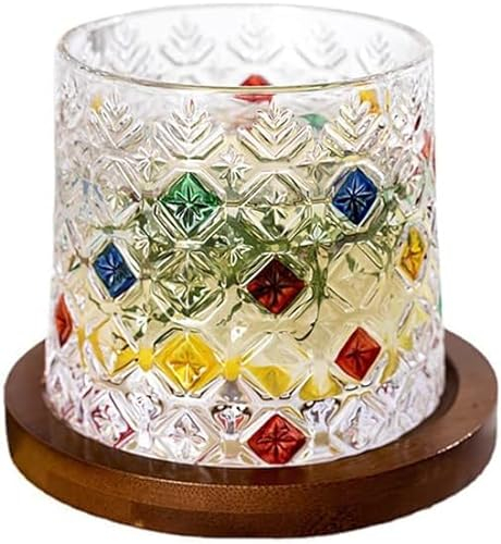 Vasos coloridos para beber, vasos de whisky, vasos de vino y café, 260.8 g, pintados a mano, giratorios de 360°, vasos de vidrio antiguos, con posavasos giratorios, vaso agitador de plomo único