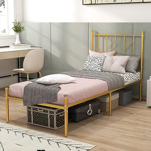 RELAX4LIFE 3FT/4FT6 Platform Bed Frame, Single/Double Slatted Mattress Foundation with Under Bed Storage, Metal Bed Base for Adults Teenagers, No Box Spring Needed (197 x 91 x 114 cm, Gold)