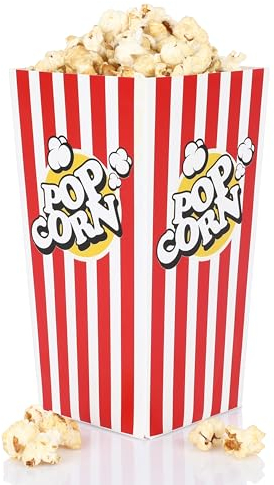 FunX Cajas de papel kraft para palomitas de maíz, paquete de 12 unidades, grandes, para cine, noches de cine, cumpleaños infantiles y fiestas de pijamas, 9 x 9 x 17 cm, a rayas rojas y blancas