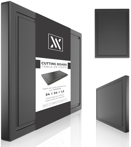Tabla de corte de cocina con ranura y tacos antideslizantes | Fabricada en PE-HD resistente y antibacteriano | Para picar y cortar todo tipo de alimentos | 340x240x15 mm (Negro)