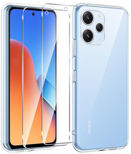 Kokio Hülle für Xiaomi Redmi 12 4G mit 2 Stück Schutzfolie, Klare stoßfeste dünne Silikon TPU Handyhülle für Redmi 12 Schutzhülle, Weich Transparent Kratzfestigkeit rutschfest Hülle
