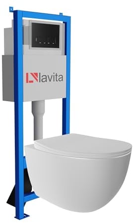 Lavita LAV 101 Vorwandelement für WC 40cm + Wand Hänge Tiefspül WC MONDO Weiß Spülrandlos + Bedienplatte LAV 200.3.4 Schwarz | Komplettset | Unterputz Spülkasten | Toilette Komplett Sett