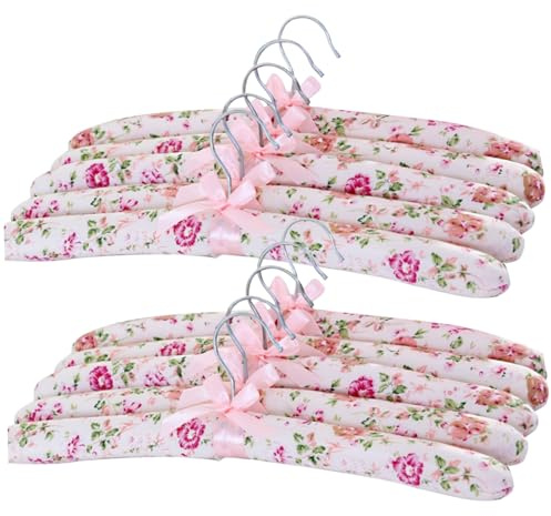 Gepolsterte Kleiderbügel, 10pcs 15 -Zoll -Blumen -Satin -Kleiderbügel, Nicht gepolsterte Kleiderbügel, Keine Schulterbeule Kleiderbügel für Hemdbluse -Dessous (Rosenrot, Muster zufällig)