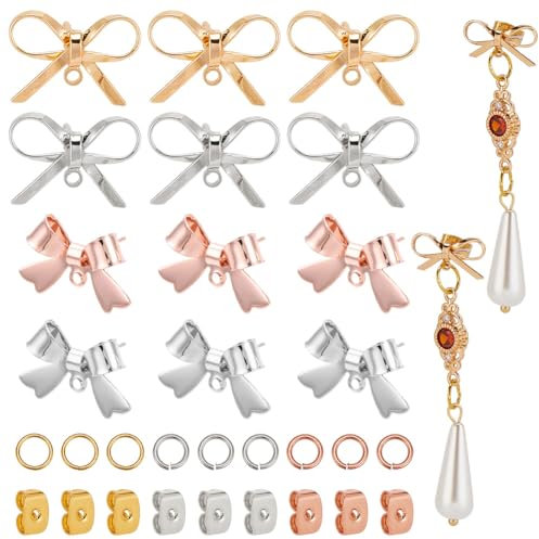 DELORIGIN 24 Stück 18k Vergoldet Messing Ohrstecker Mit Schleife, 150 Stück Springringe und 150 Stück Ohrmuttern, 4 Stile Fliege Charms Ohrring Anhänger Für Frauen DIY Schmuckherstellung
