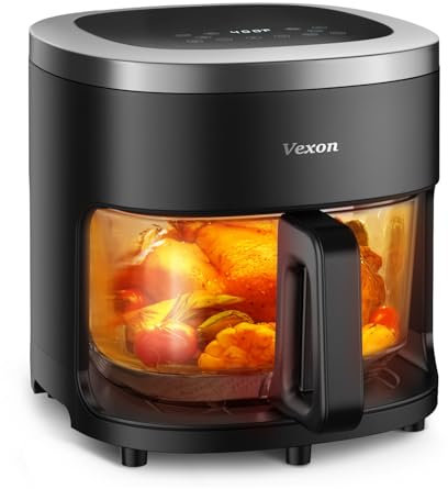 Vexon Freidora de Aire de Vidrio 6 en 1, 4.5 Cuartos, Freír, Asar, Recalentar, Deshidratar, Tecnología de Aire Crujiente, Cesta Antiadherente y Apta para Lavavajillas
