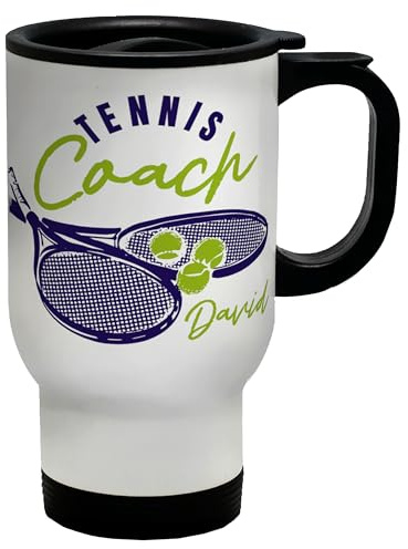Shopagift Personalised Tennis Coach Travel Mug Racket and Ball Stainless Steel 14oz Cup