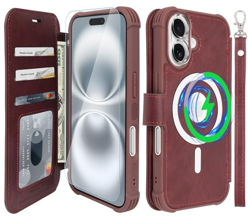 VANAVAGY Wallet Case for iPhone 16 for Magsafe,Burgundy | PU Leather Flip,Slim,12ft Drop Protection,RFID Blocking Card Holder,Magsafe Wireless Charging,Includes Screen Protector